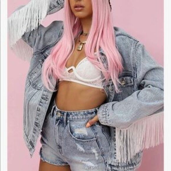 New Oversized Denim Jacket With Fringes - Picture 4 of 5